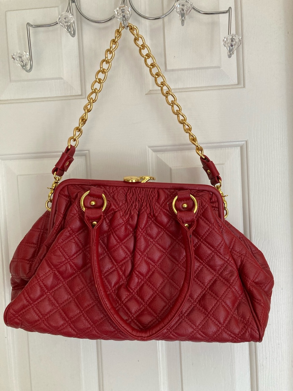 Quilted Red Satchel Handbag with Gold Chain Strap